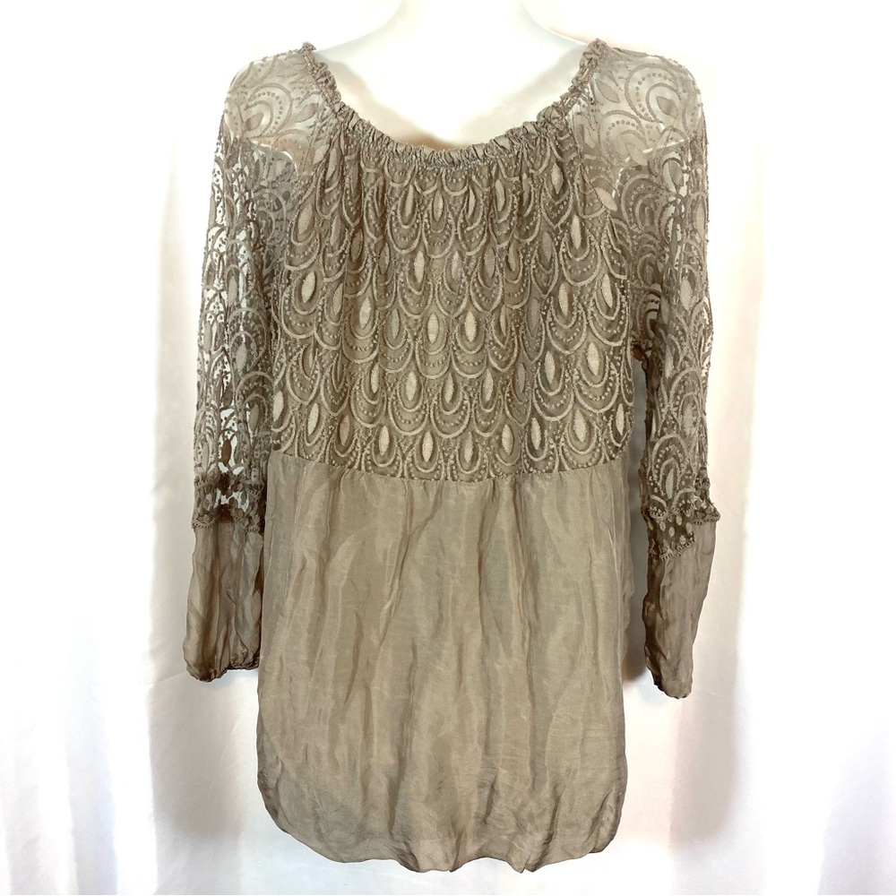 LOLA Italy Silk Blend Taupe Lace Pullover Blouse - Picture 7 of 9